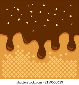 Waffle background with chocolate ice cream flowing down, wafer with glaze. Vector illustration