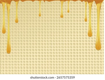 Waffle background with drops of honey. Dripping honey. Vector art illustration