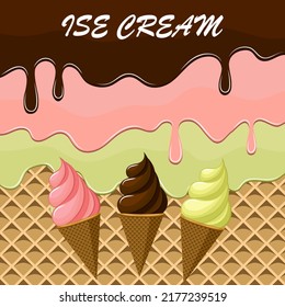 Waffle background with ice cream set.Vector illustration with a set of ice cream on a waffle background with streaks.