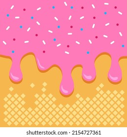 Waffle background with pink ice cream flowing down, wafer with sweet glaze. Vector illustration