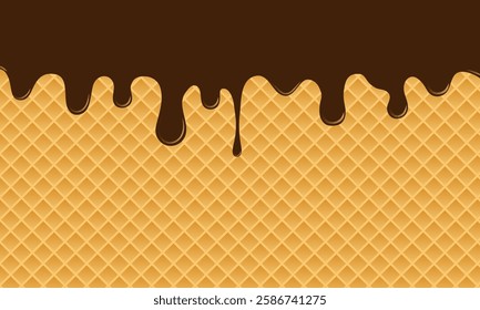 A waffle background with streaks of thick chocolate, creating an appetizing and delicious effect. Ideal for a dessert or sweets advertising background