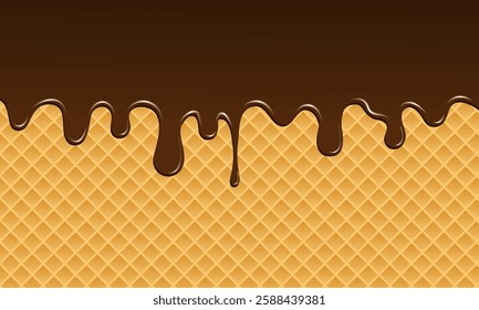 A waffle background with streaks of thick chocolate, creating an appetizing and delicious effect. Ideal for a dessert or sweets advertising background