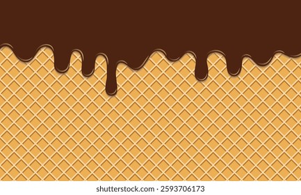 A waffle background with streaks of thick chocolate, creating an appetizing and delicious effect. Ideal for a dessert or sweets advertising background