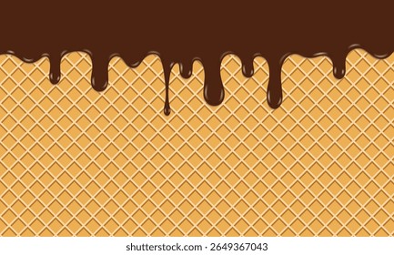 A waffle background with streaks of thick chocolate, creating an appetizing and delicious effect. Ideal for a dessert or sweets advertising background