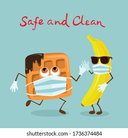 A waffle and a banana cartoon style characters in protective mask. Safe and clean food concept. Protect against coronavirus. 