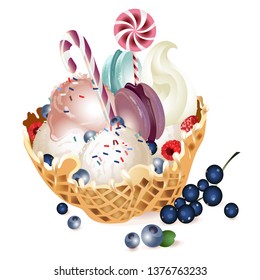 waffle basket with ice cream and fruit