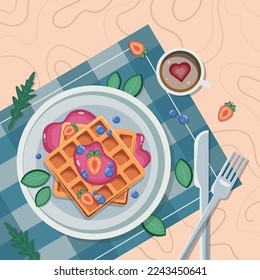 waffle con bayas y café ilustración vectoral