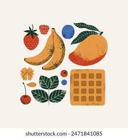 Waffle breakfast ingredients. Banana with mango and berries with nuts. Vector illustration.