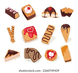 Desayuno gofre. Dulces pasteles de wafer belgas crujientes con diferentes rellenos y toques, deliciosos postres de panadería tentempiés caricatura de estilo plano. Colección vectorial de la ilustración del postre dulce del desayuno