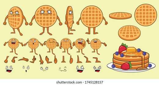 Waffle Cartoon Character Set. Eyes, arms, mouths and legs. Varied expressions. Pancakes with honey, butter, strawberry and blueberry