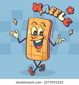 Waffle cartoon character vector illustration. Toast bread mascot on blue background. Groovy, rubber hose vintage style.