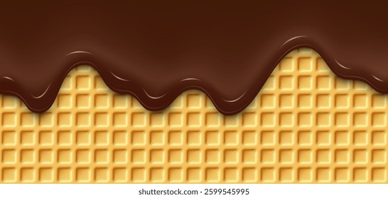 Waffle with chocolate melted seamless background. Golden wafer with square grid pattern, topped with glossy chocolate glaze dripping down. Sweet crispy dessert backdrop. Realistic vector illustration.