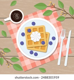 Waffle and Coffee for Breakfast Illustration on Top of Wooden Table with Twigs of Green Leaves. Vector Illustration Breakfast Menu Top View