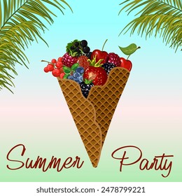 Waffle cone with berries.Vector illustration with berries in a waffle cone and palm leaves on a colored background with text.