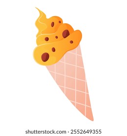 Waffle cone with bright yellow-orange ice cream with pieces of chocolate. Advertising posters or banners packaging design, content for social networks, children's materials in books, coloring pages