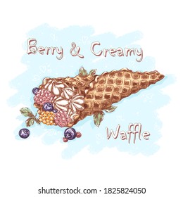 Waffle cone with butter cream and blueberries, raspberries and mint leaves. Desserts and sweets. Sketchy hand drawing food