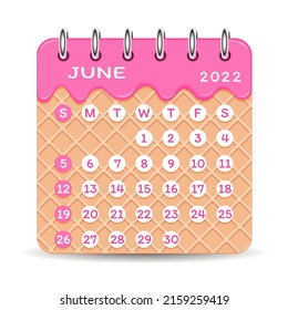 Waffle cone calendar with melted ice cream. Week Sunday, Monday, Tuesday, Wednesday, Thursday, Friday, Saturday. White background Vector illustration.