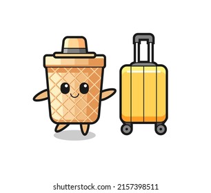 waffle cone cartoon illustration with luggage on vacation , cute design