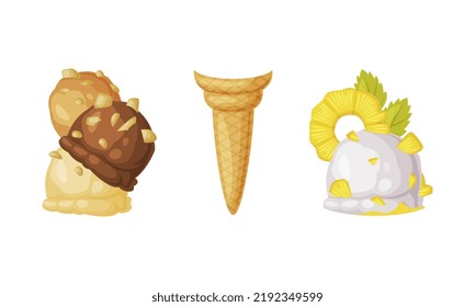 Waffle Cone and Chocolate Ice Cream Ball as Dessert Element Vector Set