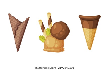 Waffle Cone and Chocolate Ice Cream Ball as Dessert Element Vector Set