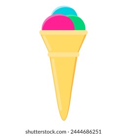Waffle cone with colorful ice cream scoops. Refreshing summer treat. Summer vacation icon. Simple flat cartoon vector isolated on white background
