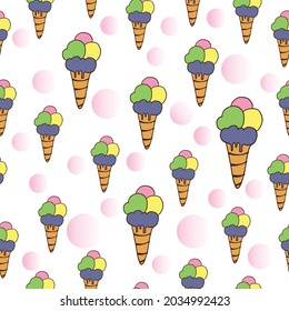 waffle cone with colorful scoop ice cream illustration on white background. ice cream cone with pink circle. hand drawn vector, seamless pattern. doodle art for wallpaper, wrapping paper, fabric,cover