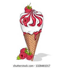 Waffle cone with creamy ice cream with berry jam. Vector illustration for poster or poster, t-shirt print. Food and drink, summer dessert. Raspberry.