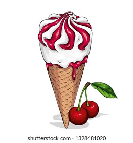 Waffle cone with creamy ice cream with berry jam. Vector illustration for poster or poster, t-shirt print. Food and drink, summer dessert. Cherry.