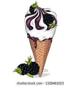 Waffle cone with creamy ice cream with berry jam. Vector illustration for poster or poster, t-shirt print. Food and drink, summer dessert. Blackberry.