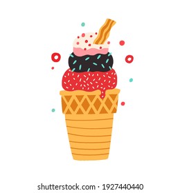 Waffle cone with different balls of ice cream with scattered sprinkles. Colored flat vector illustration of colorful icecream in wafer isolated on white background