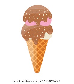 
A waffle cone having chocolate sauce on top with coconut sprinkling representing strawberry chocolate cone  
