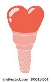 Waffle cone heart ice cream. Vector stock illustration. Cartoon style ice cream isolated.