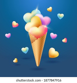 Waffle cone with hearts for Valentine Day. Realistic festive decorative objects for holiday banner. Romantic creative design element. Valentines Day decor on February 14. Vector stock illustration.