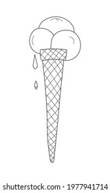 Waffle cone with ice cream. Black outline drawing on a white background. Page of coloring books for children. Decorative insulated element