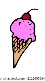 waffle cone with ice cream with a cherry on top of pink.  CHERRY berry ICE CREAM, hand-drawn in the style of doodles with a black line pink berry cream and on white for a summer design template, signa