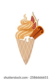 Waffle cone ice cream with cinnamon and figs. Beautiful tasty dessert with a fruits isolated on a white.