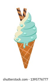 Waffle cone ice cream flat vector illustration. Delicious creamy dessert, summer delicacy, refreshment. Sweet fruit flavored dairy with caramel sticks. Quick snack, fast food, street meal
