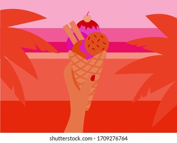 Waffle cone with ice cream in hand on a background of a tropical look. Palm trees and the sea on sunset. Summer mood from the balcony.