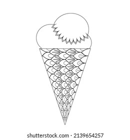 Waffle cone with ice cream on a white background. Black contour drawing with a doodle pattern. Coloring book for children.