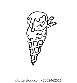 Waffle Cone with Ice Cream Scoops Coloring Page Line Vector Illustration