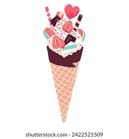 A waffle cone with ice cream, strawberries and sweets. A set of sweets made of chocolate, lollipops, macaroons, sweets in a waffle cone with ice cream. A sweet snack. Illustrated vector clipart.