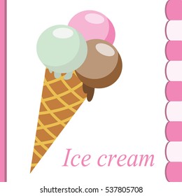 Waffle cone ice cream with three colored portions. Vector illustration