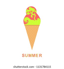 Waffle cone ice-cream. Delicious summer desert in red, green color. Lettering summer. Vector illustration. Isolated on white background