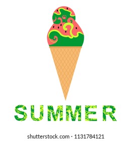 Waffle cone ice-cream. Delicious summer desert in red, green color and watermelon design. Lettering summer. Vector illustration. Isolated on white background