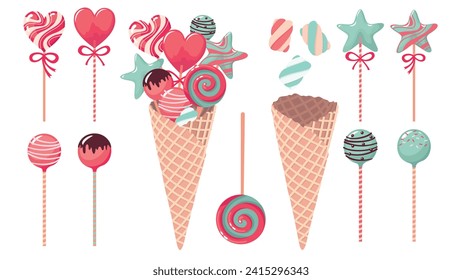 A waffle cone with lollipops and sweets. A set of craft sweets, caramels, lollipops for filling a waffle cone. Illustrated vector clipart.