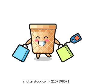 waffle cone mascot cartoon holding a shopping bag , cute design