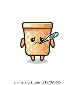 waffle cone mascot character with fever condition , cute design