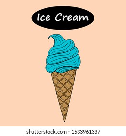 Waffle cone with multi-colored ice cream. Vector illustration, printable, background.
