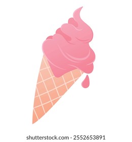 Waffle cone with pink ice cream, strawberry, bubble gum, or cherry. Advertising posters or banners with ice cream advertising. Packaging design, social media content, children's books, coloring pages