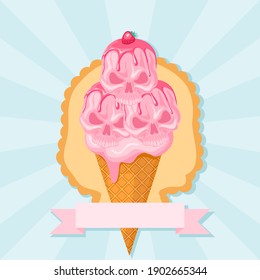 Waffle cone with pink strawberry ice cream in the shape of a skull. Vector label